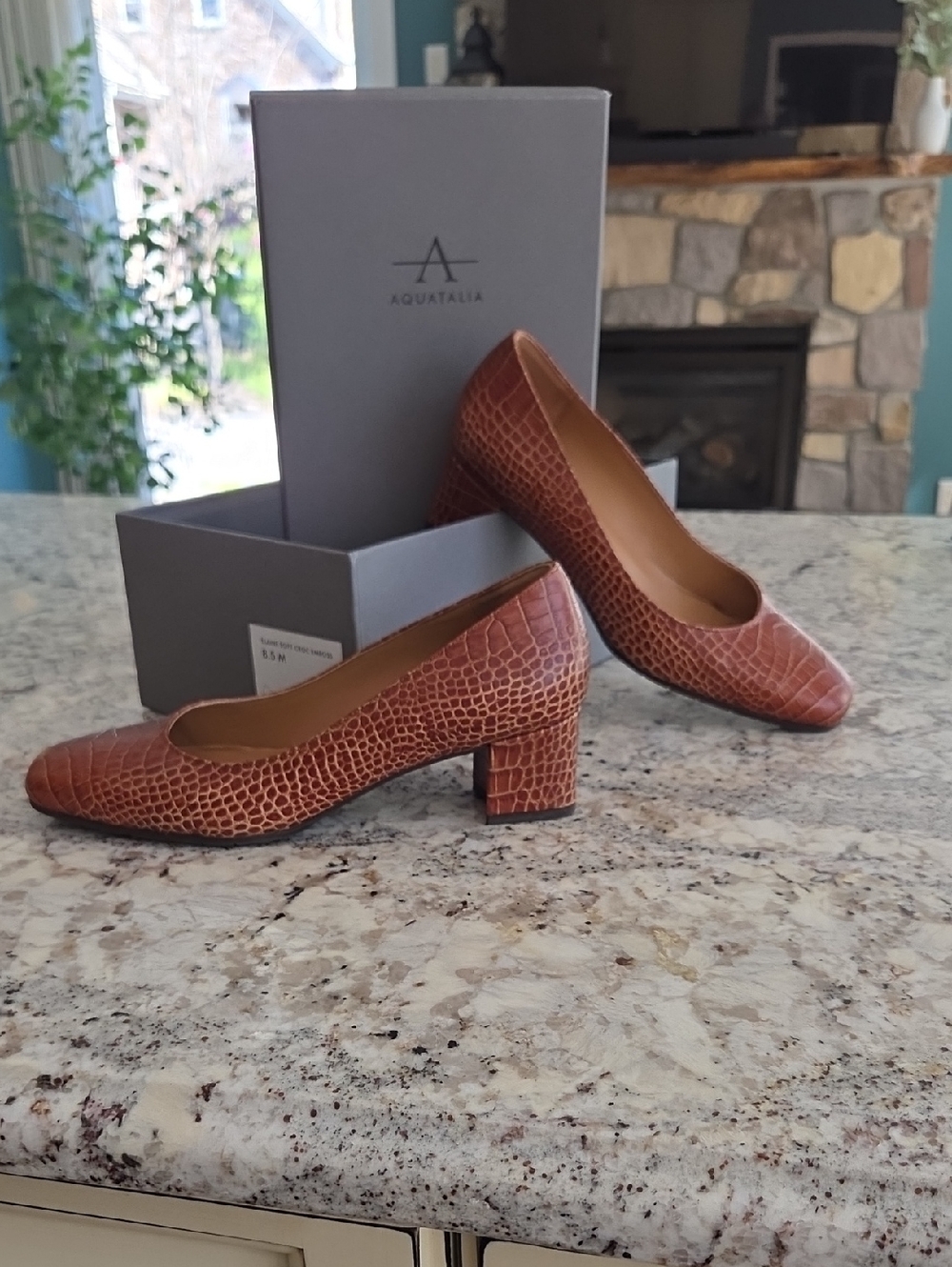 Aquatalia Croc-Embossed Cognac Low Block Heel Pump